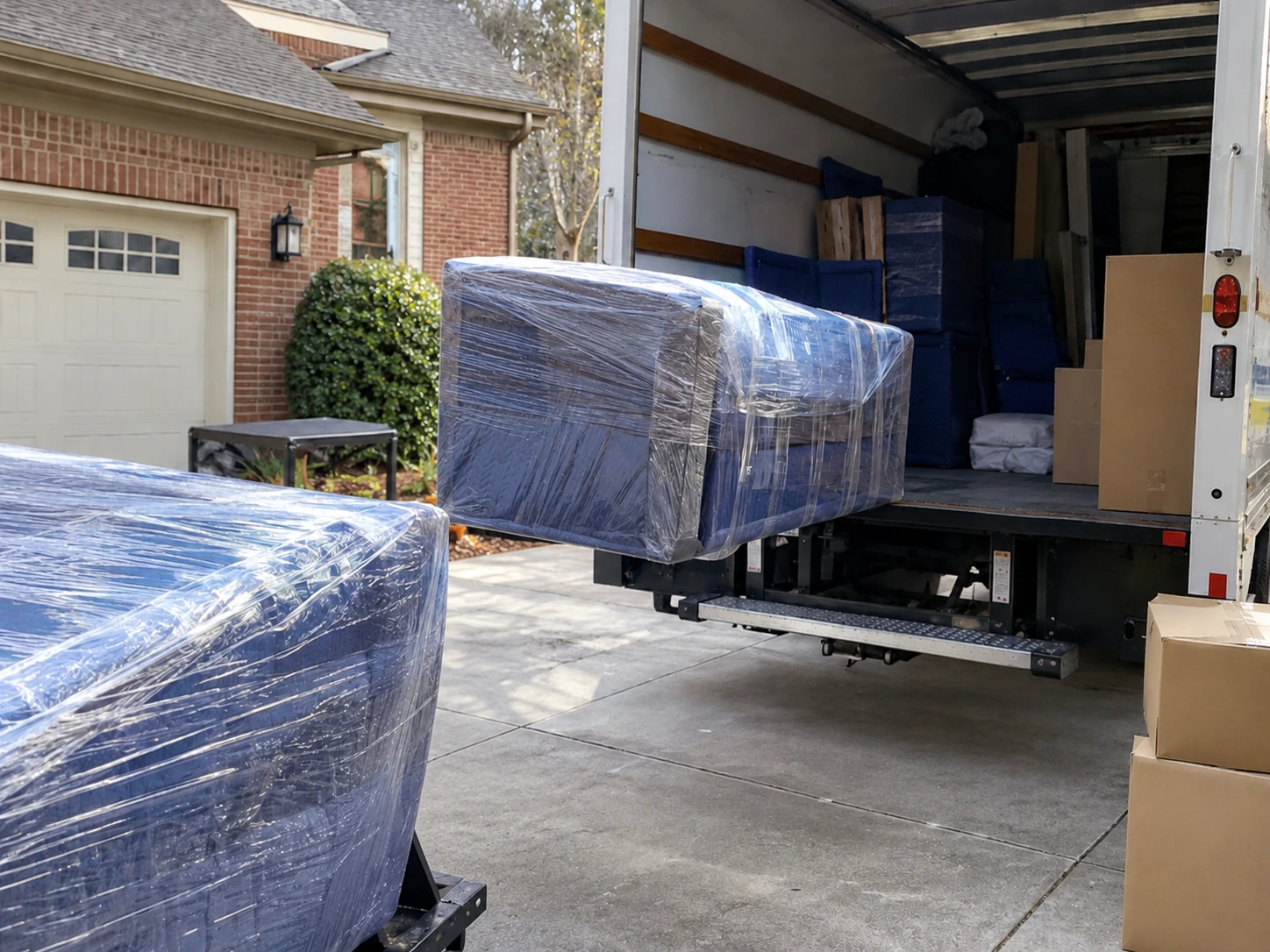 Example local moving support showing wrapped furniture staged at a moving truck
