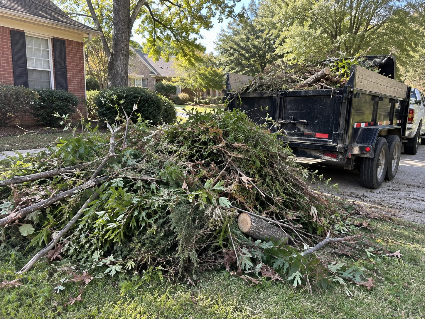 Example yard debris removal showing branches and brush near a trailer